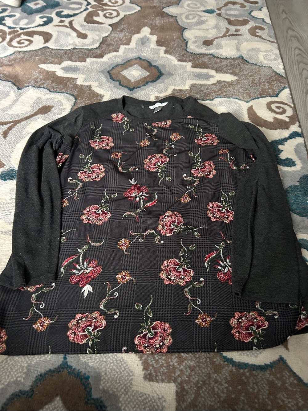 CJ Banks Black Floral Plaid-Print Long Sleeve Blouse